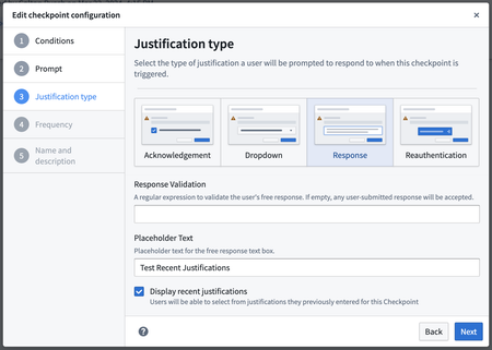 To enable this feature for users, Checkpoints Administrators must ensure they tick the appropriate boxes when creating Checkpoints justification types.