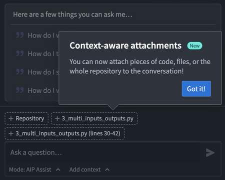 Context-aware attachments in the AIP Assist sidebar in Code Repositories.