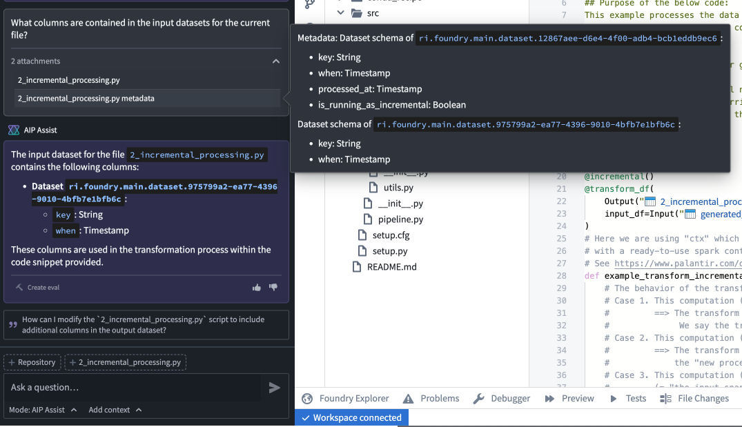 A sample question about input dataset metadata, and AIP Assist's response.