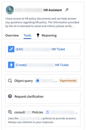 The Tools tab lists artifacts an Agent may access to respond to user prompts.