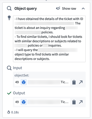 The Reasoning tab's Object query section displays an Agent's chain-of-thought reasoning.