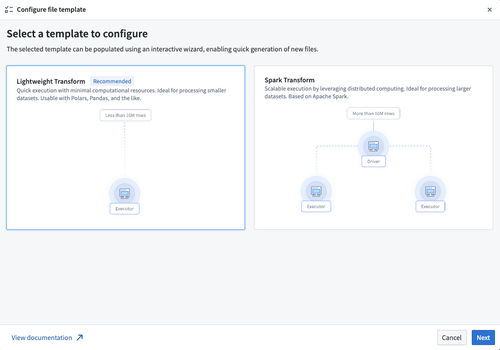 Starting configuration in the new file template wizard.