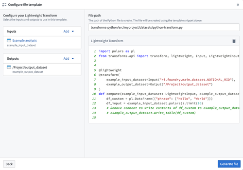 You can review the output transform code snippet immediately after supplying the file template wizard with inputs and outputs.