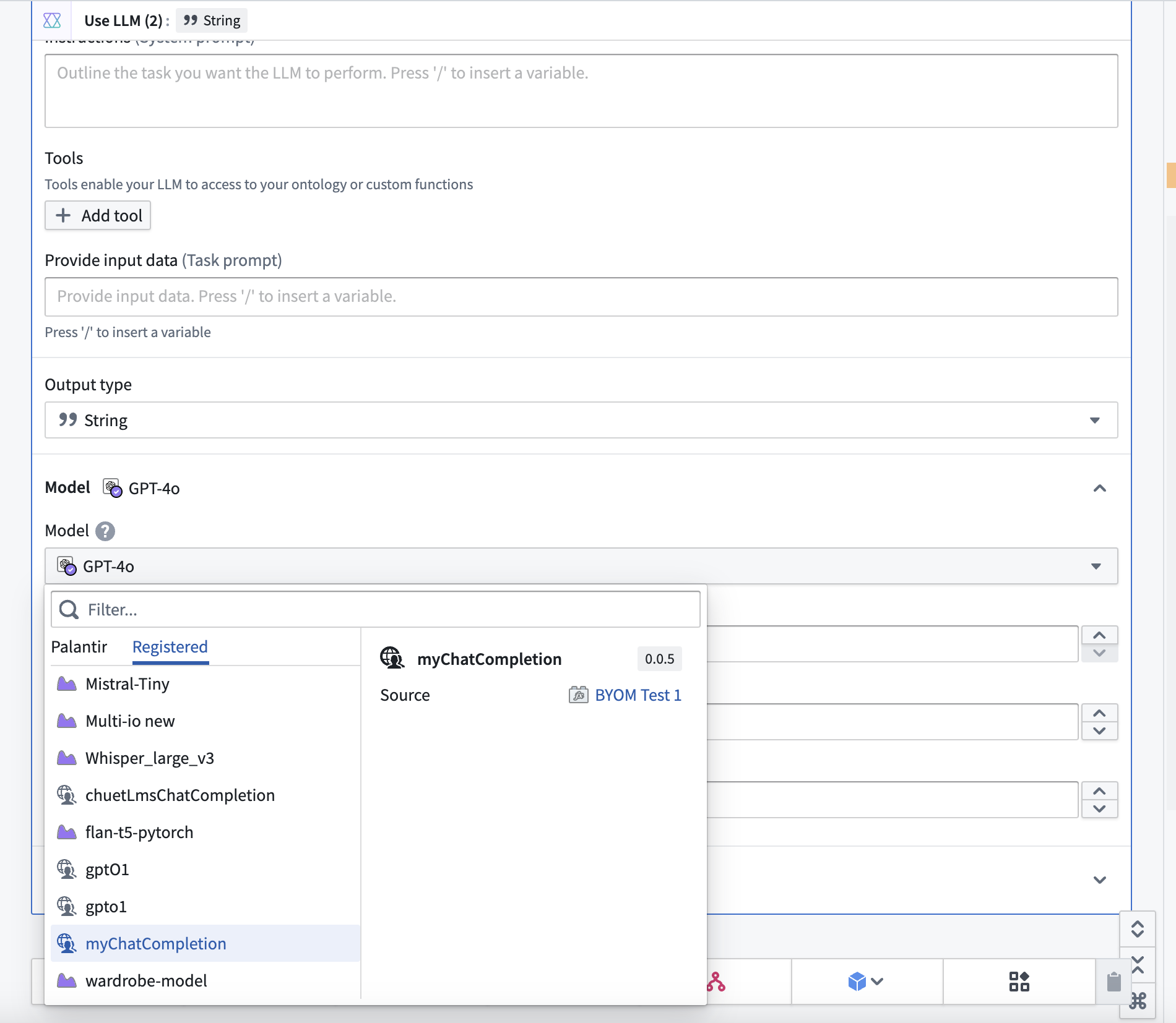 Using your custom model in AIP Logic is now easier. Select your model from the dropdown menu to begin.