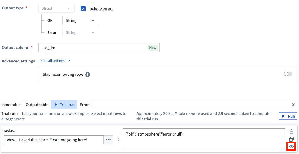 Select the </> icon to view the raw prompts and outputs from the Use LLM node.