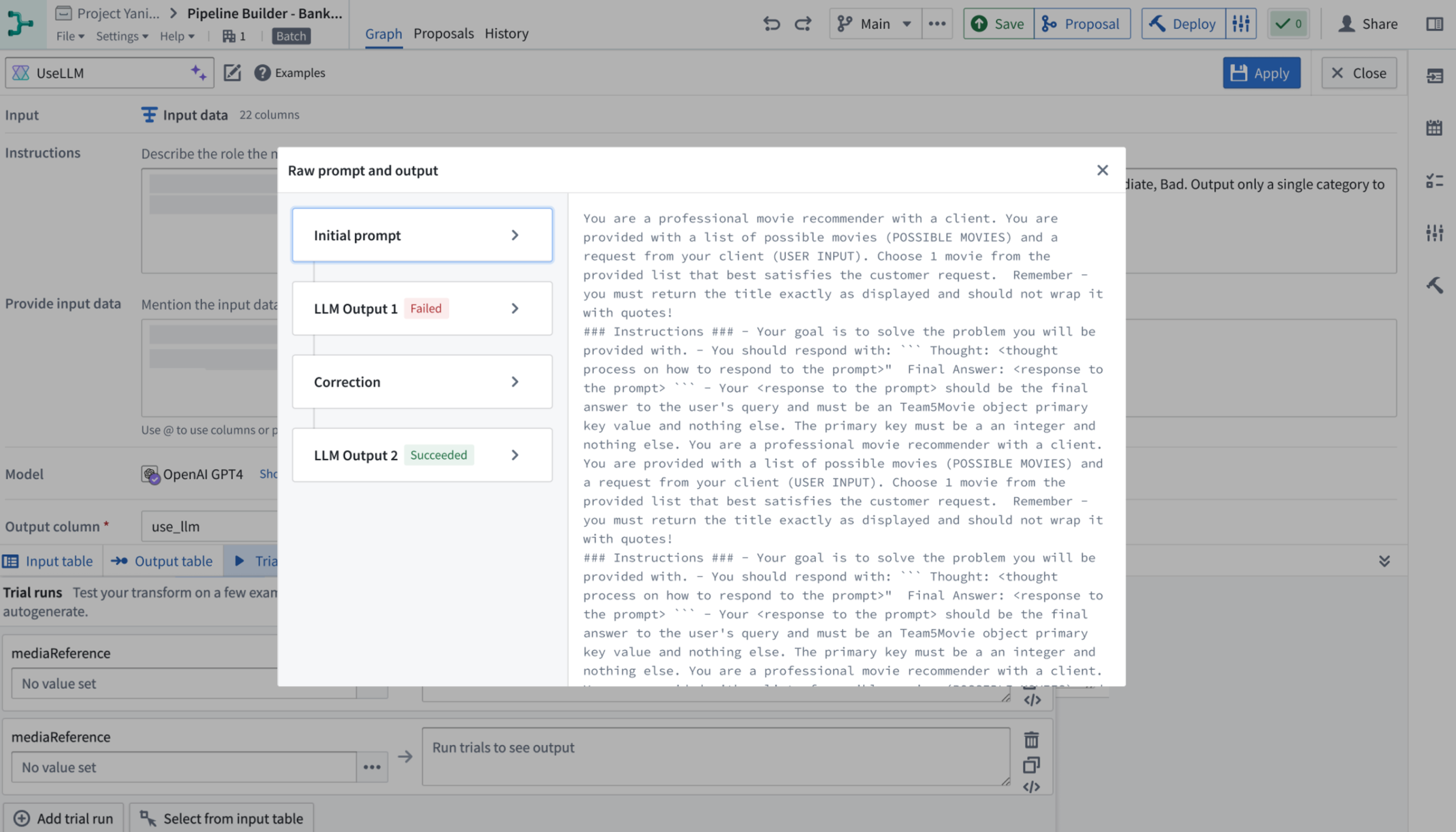 Example raw prompts and output displayed by the Use LLM node.