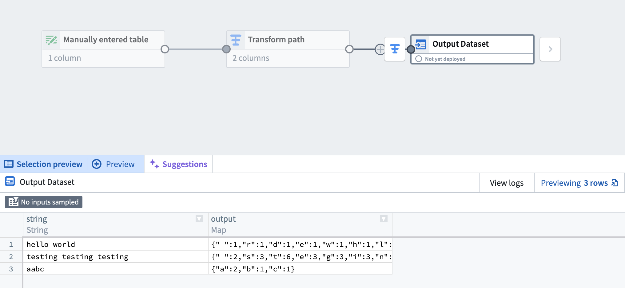 The output of applying a Python Function to a Manually Entered Table in Pipeline Builder preview.