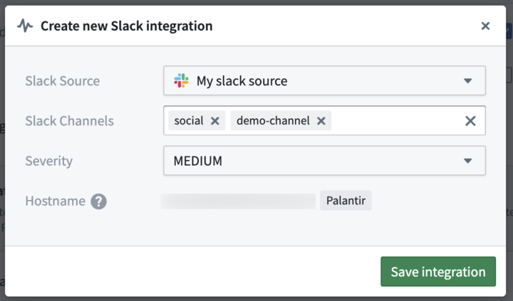 The Slack integration configuration dialog, showing the selected Slack source, channels, and severity.