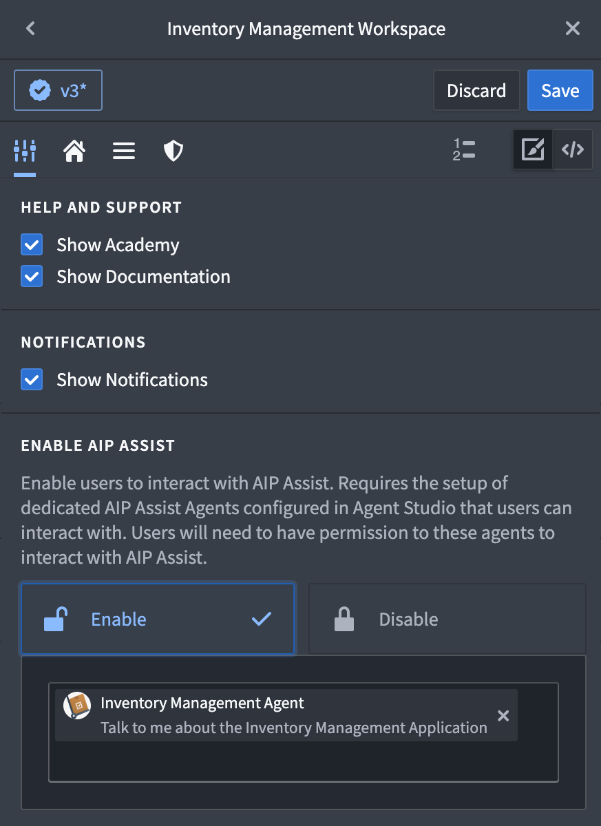 The Carbon workspace settings, now with the option to enable AIP Assist and select agents.