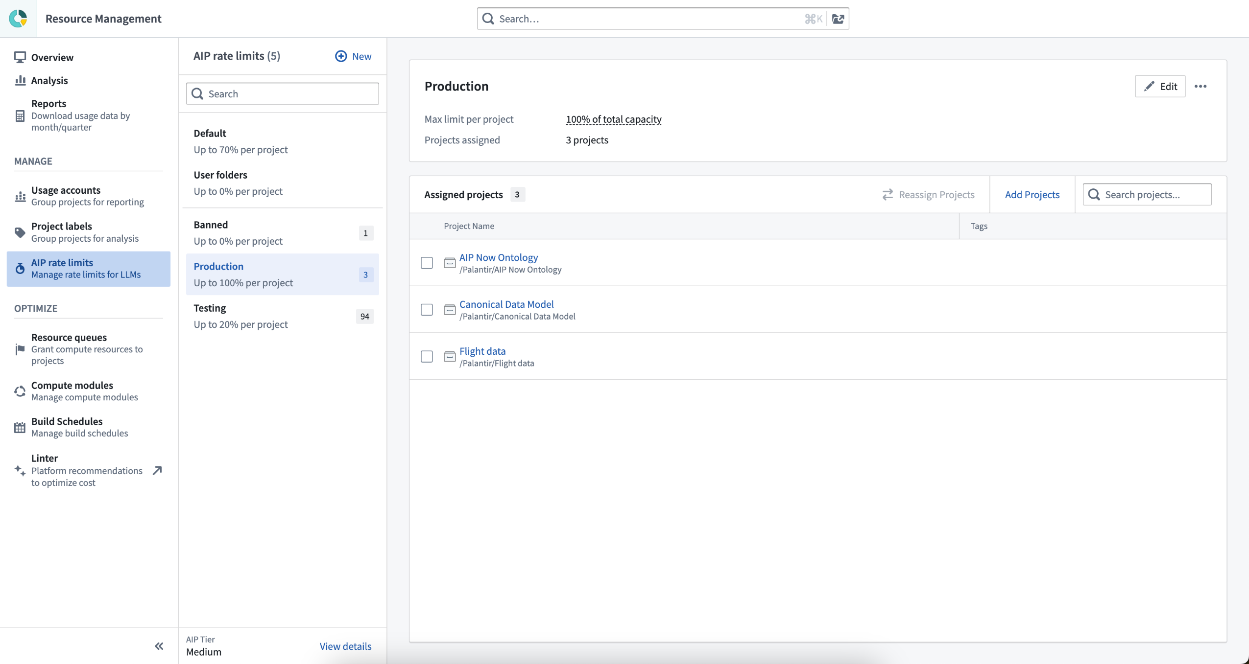 Navigate to Resource Management to the AIP rate limits page to add and manage Project limits.