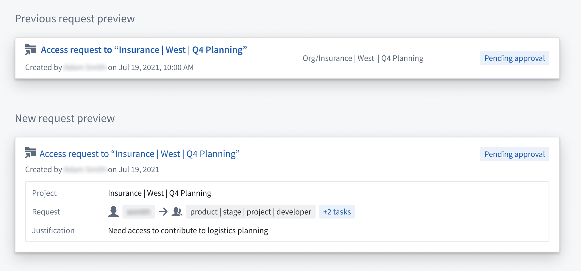 Two request previews for a previous and new access request. Details include the request creator, request date/time, justification, and related Project.