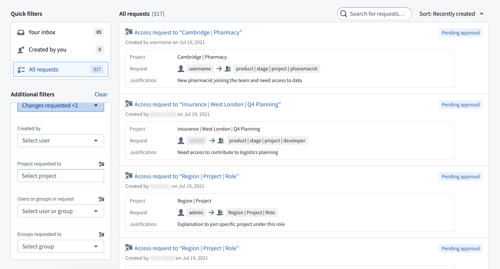 The updated view of the Approvals application overview page, with updated search and filter options and visibility.