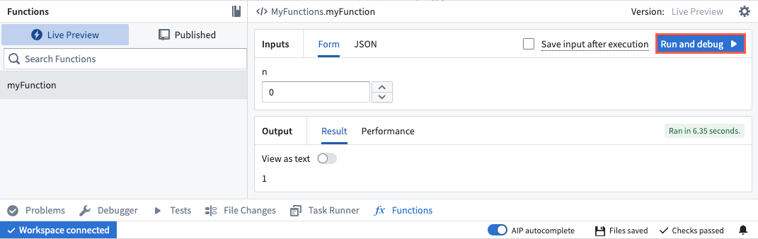 Select Run and debug to begin the debugging process and launch the Debugger interface.