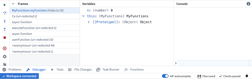 An in-progress debugging session within Code Repositories.