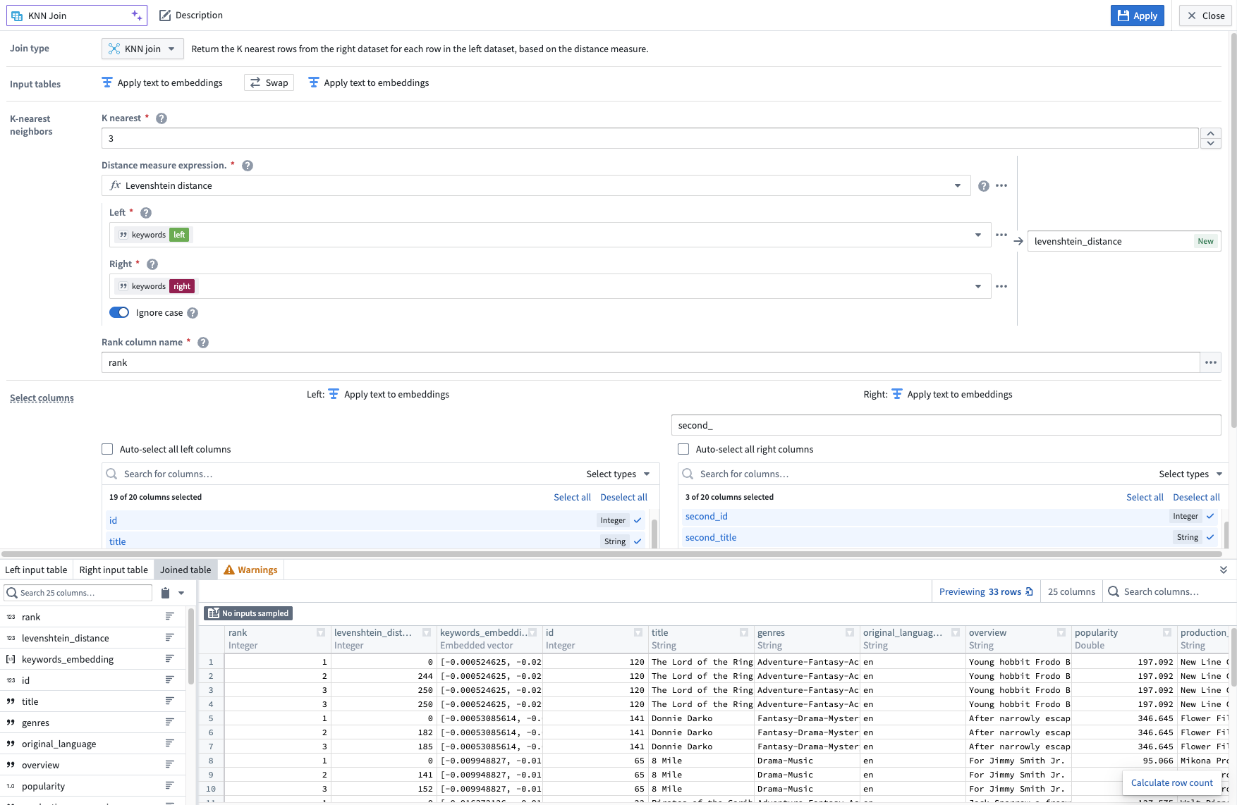 The KNN board configured in a way to get the three closest movies based on the similarities of the keywords for each movie.