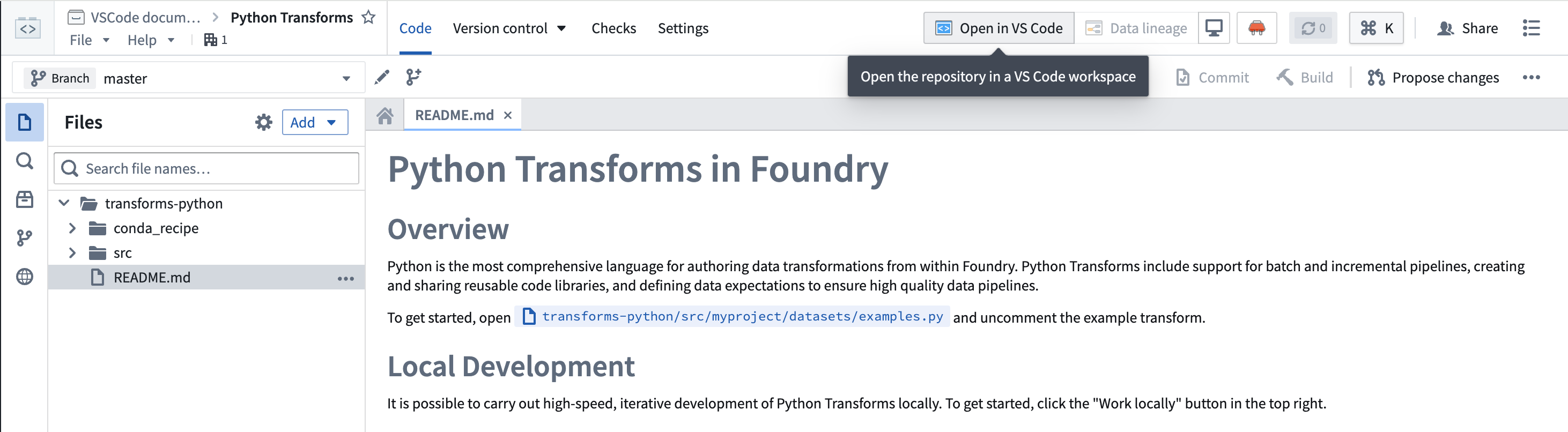 Open your Python transforms code repository in a VS Code workspace by selecting Open in VS Code.