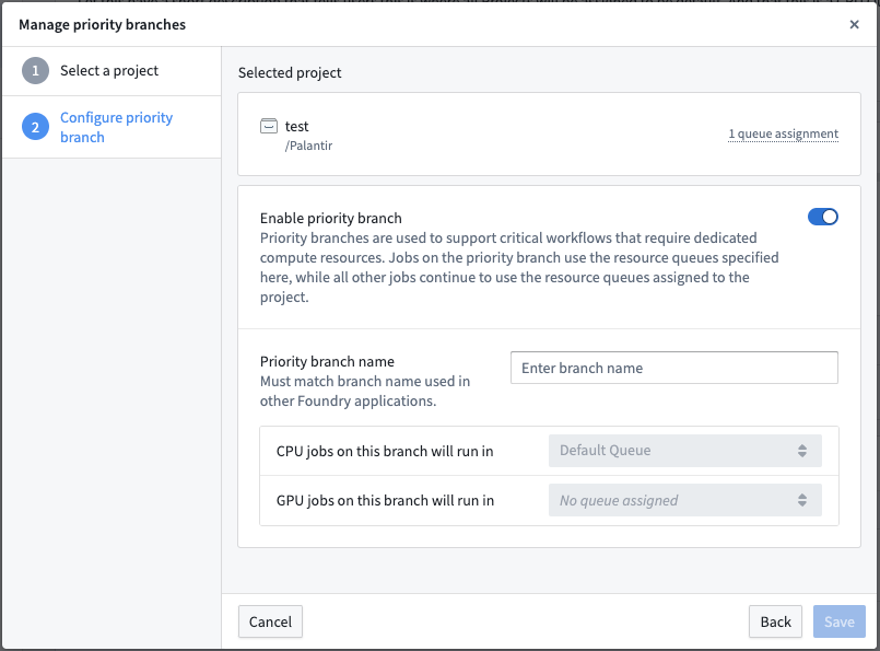 Enable priority branch and manage which vCPU and vGPU resource queues the priority branch uses.