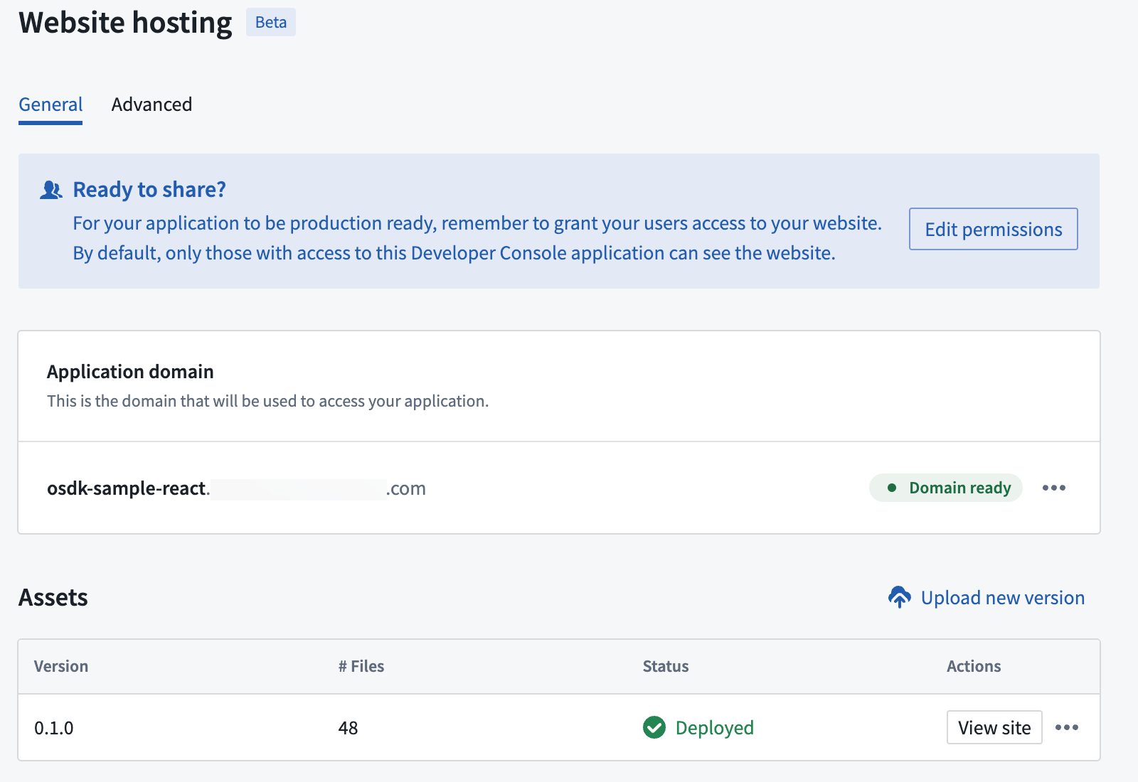 The website hosting menu in Developer Console.