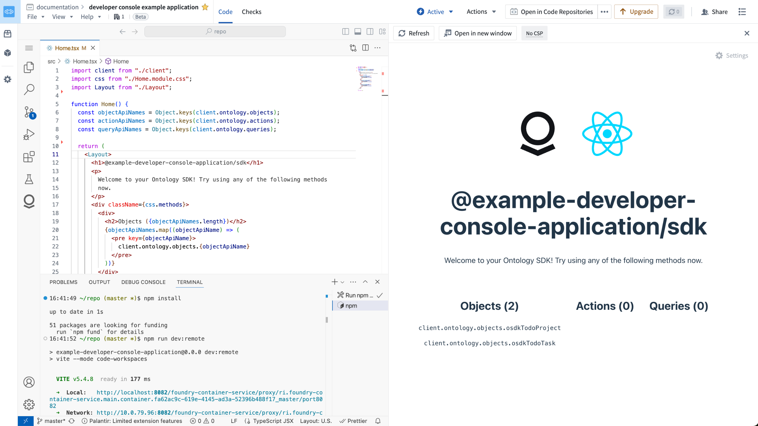 The development environment in Foundry, with the VS Code IDE on the left and live preview of the application in development on the right.