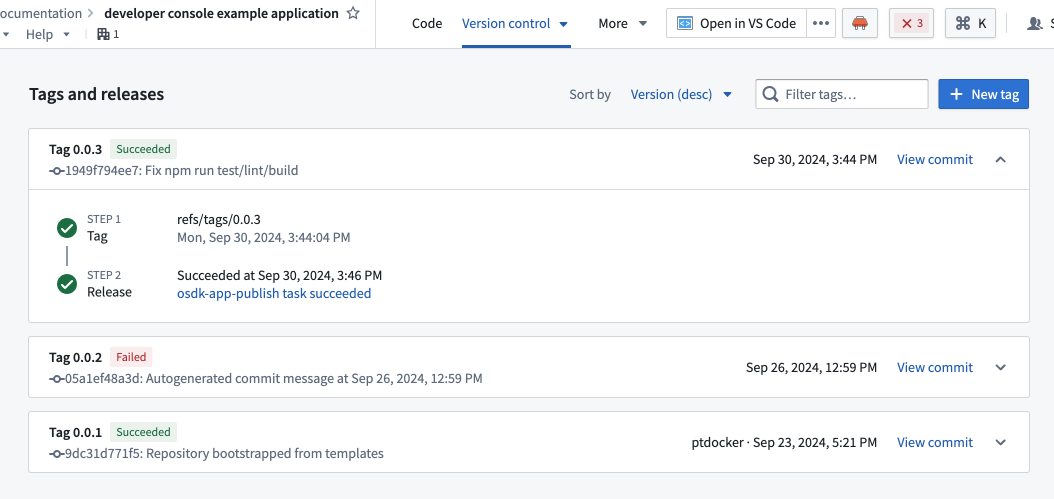 The version control page in Code Repositories.