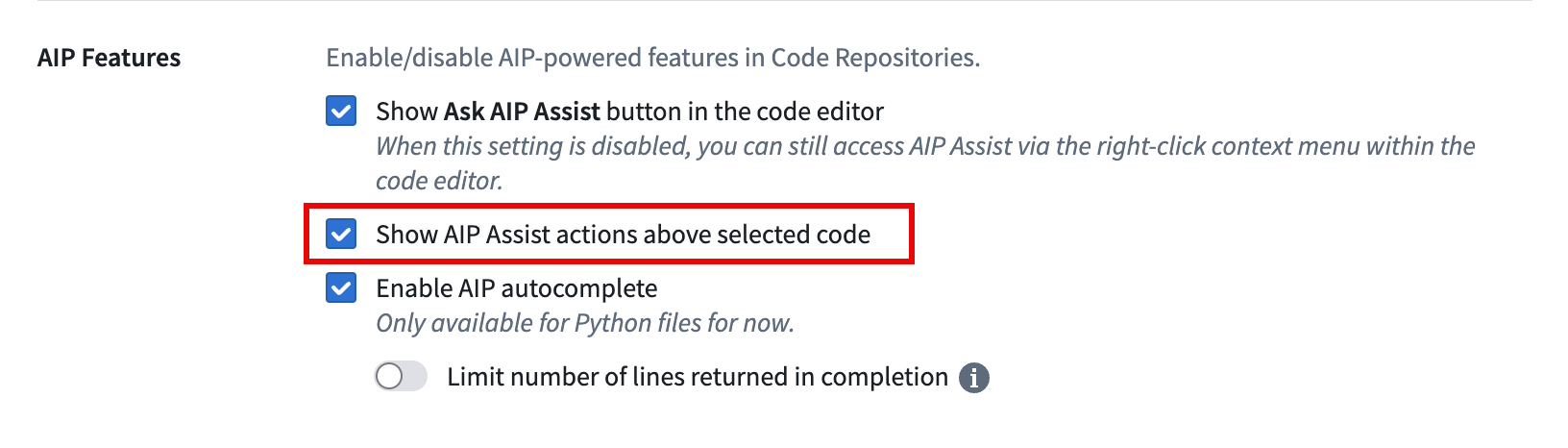 The Show AIP Assist actions above selected code option in Code Repositories AIP settings.