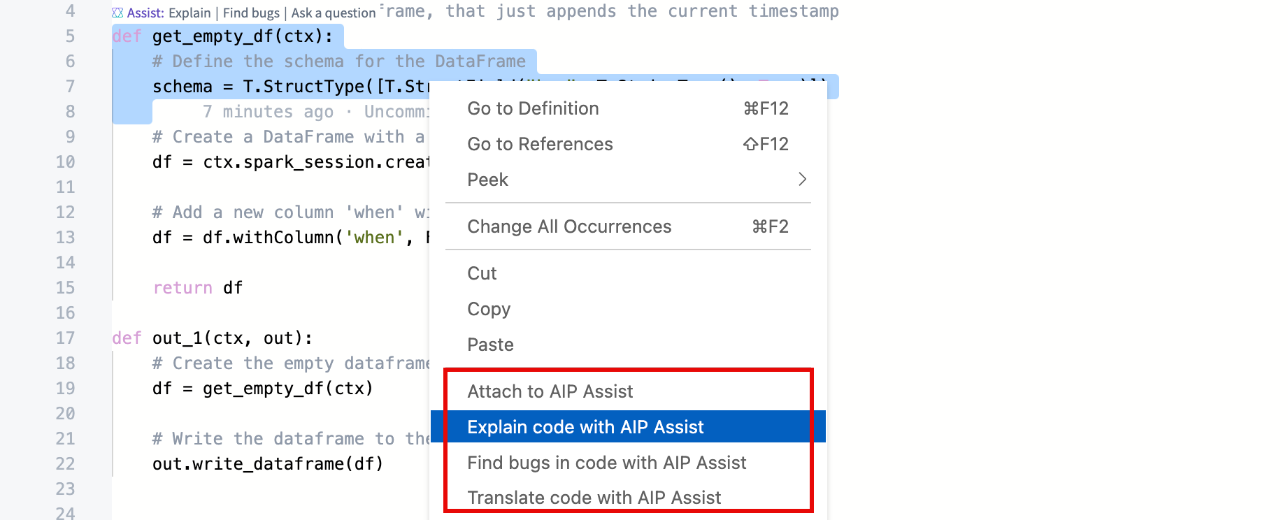 The AIP Assist options in the context menu of highlighted code.