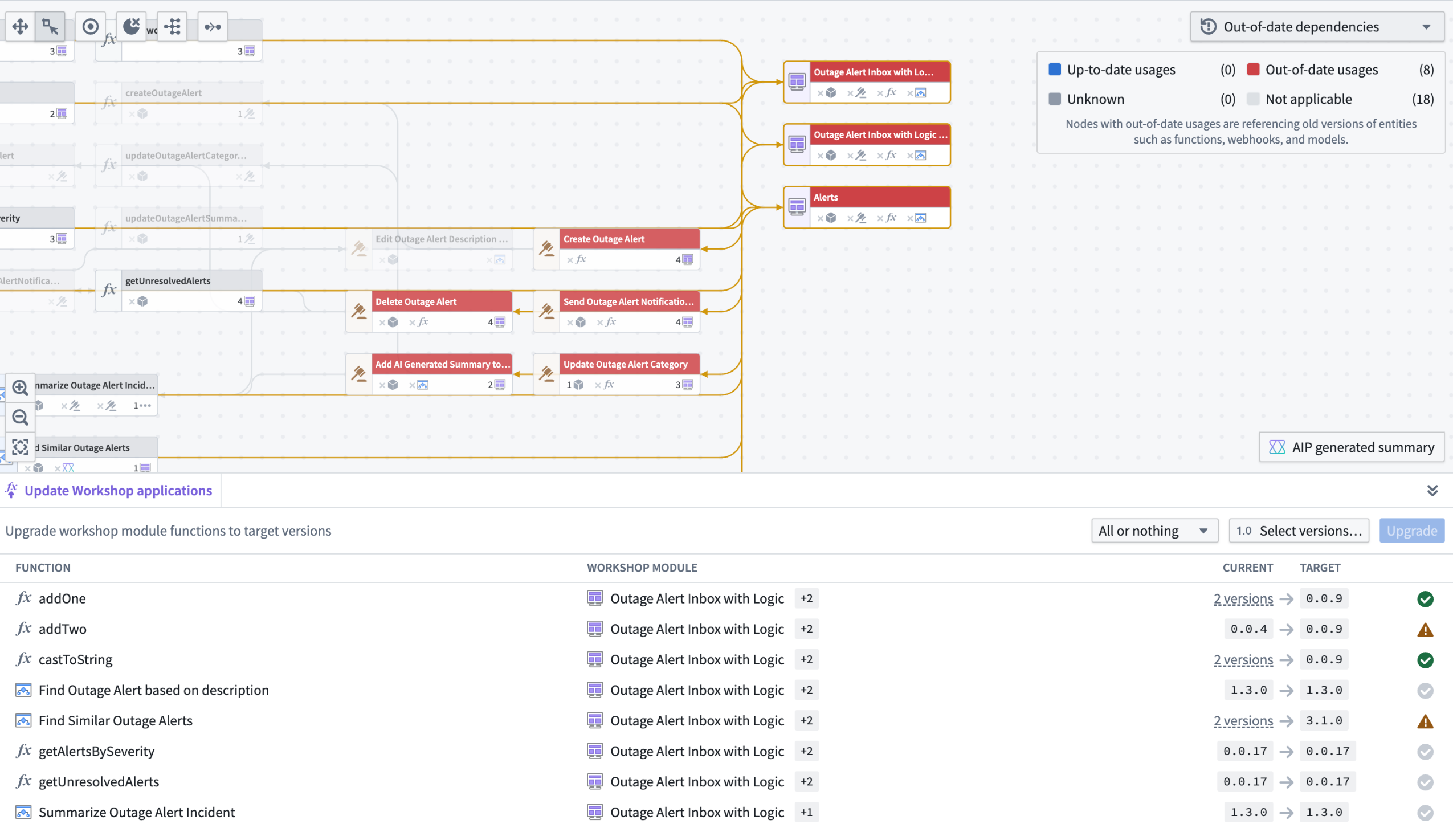 Select the relevant Workshop application nodes and review upgradable functions in one view within Workflow Builder.