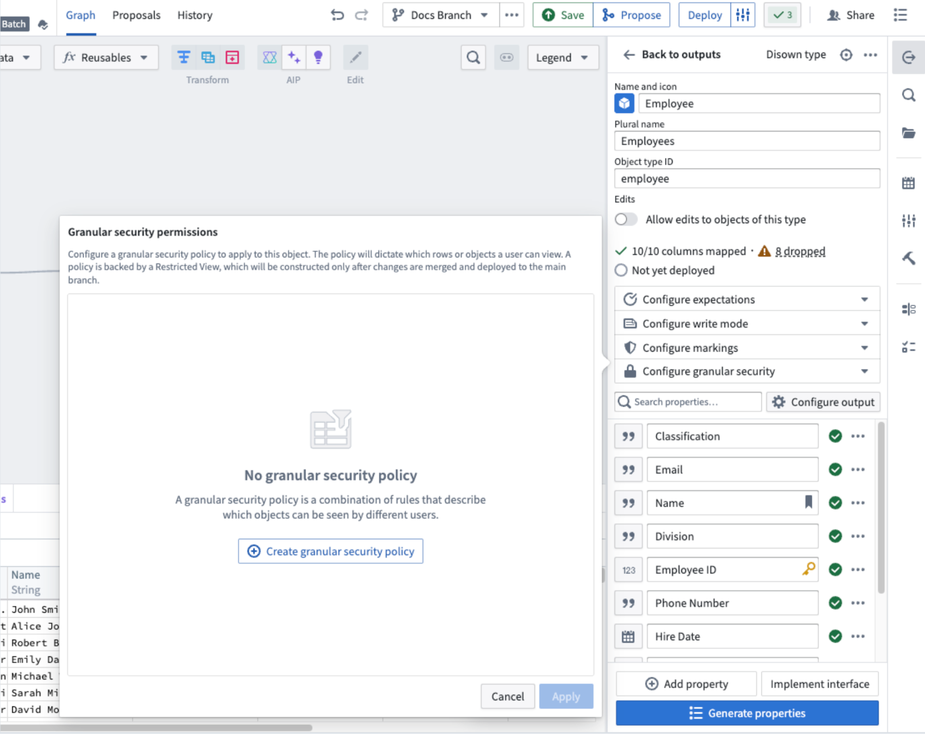 The output object configuration panel in Pipeline Builder with the option to add granular security permissions.