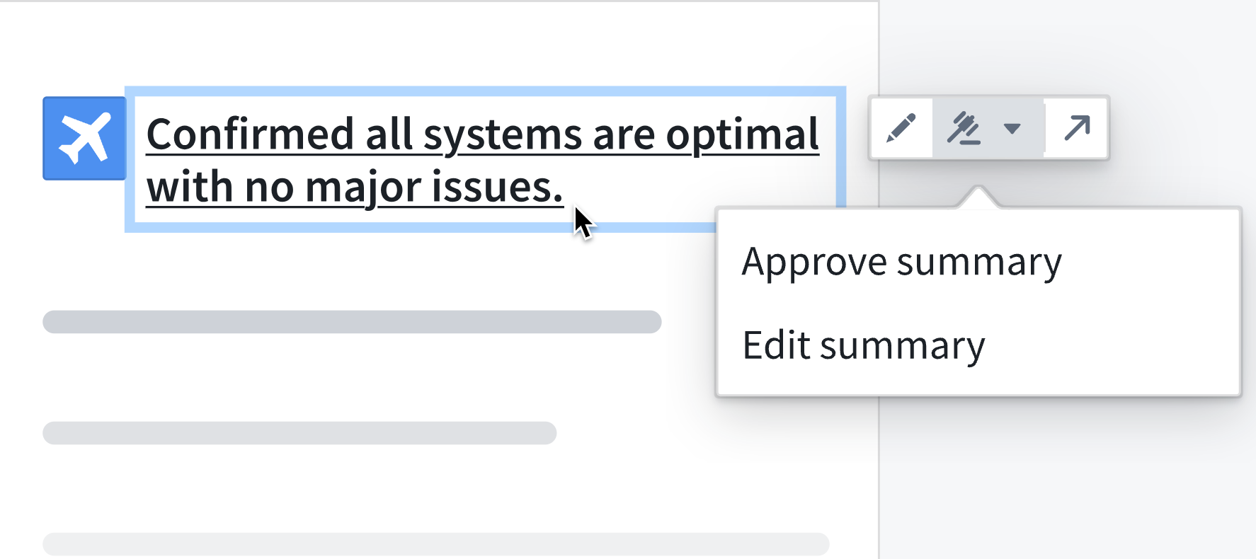 An object property widget with the option to edit or approve a summary.