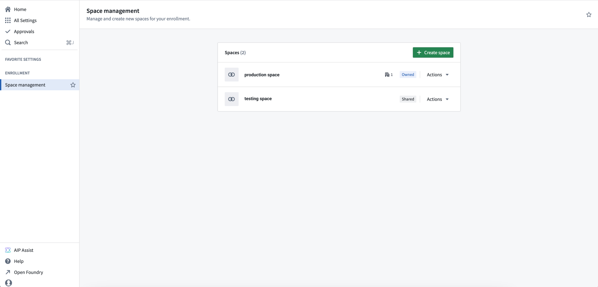 The Space management page in Control Panel.