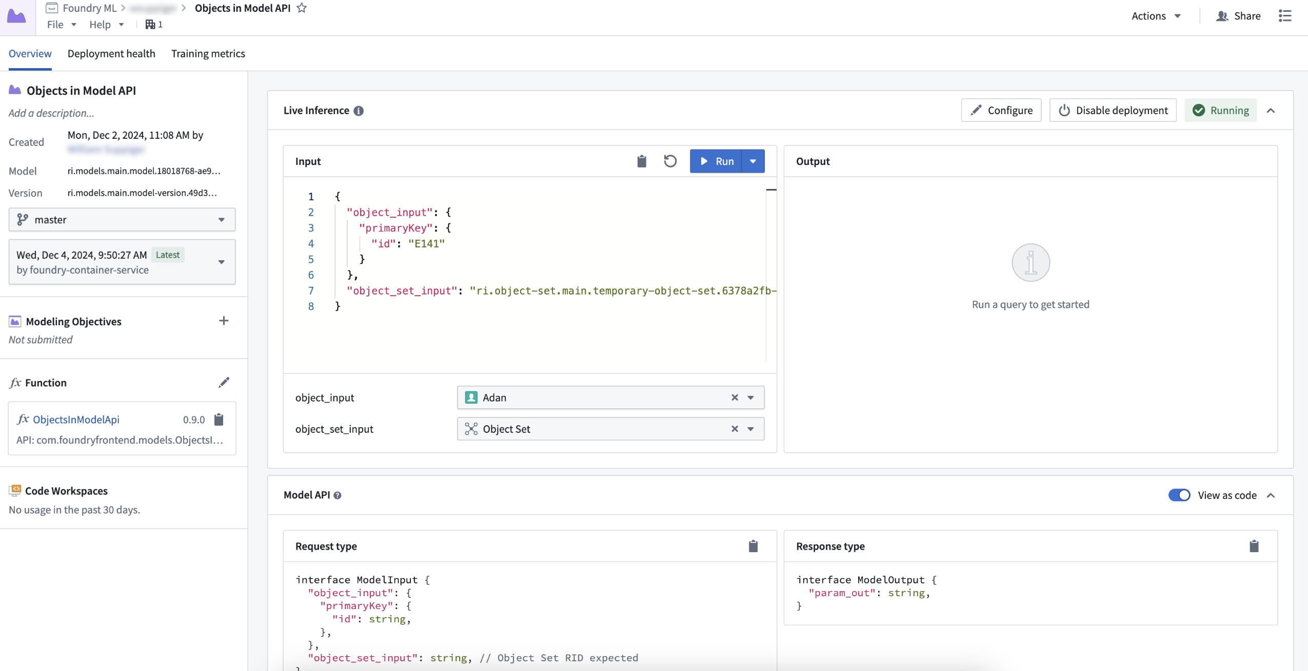 Example object and object set input on the model query page.