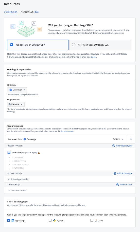 The Resources step when setting up an Ontology SDK application in Developer Console. The selected Ontology contains a Media Object type.