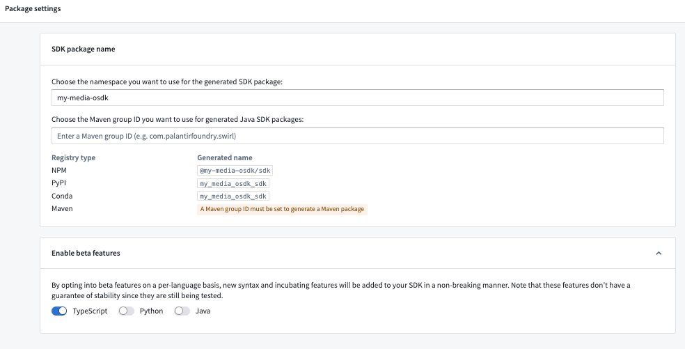 The Package settings page in Developer Console with TypeScript beta features enabled.