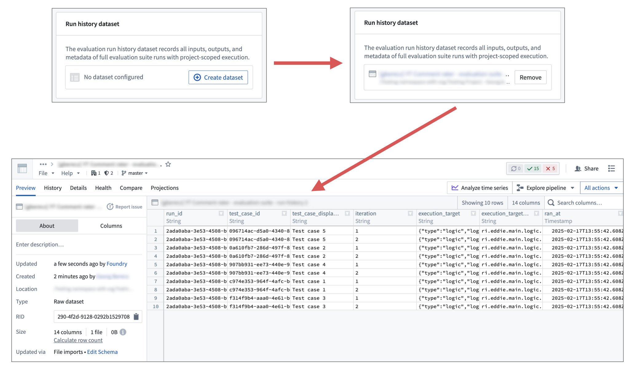 After adding a results dataset evaluation suite run results will be written into the dataset.