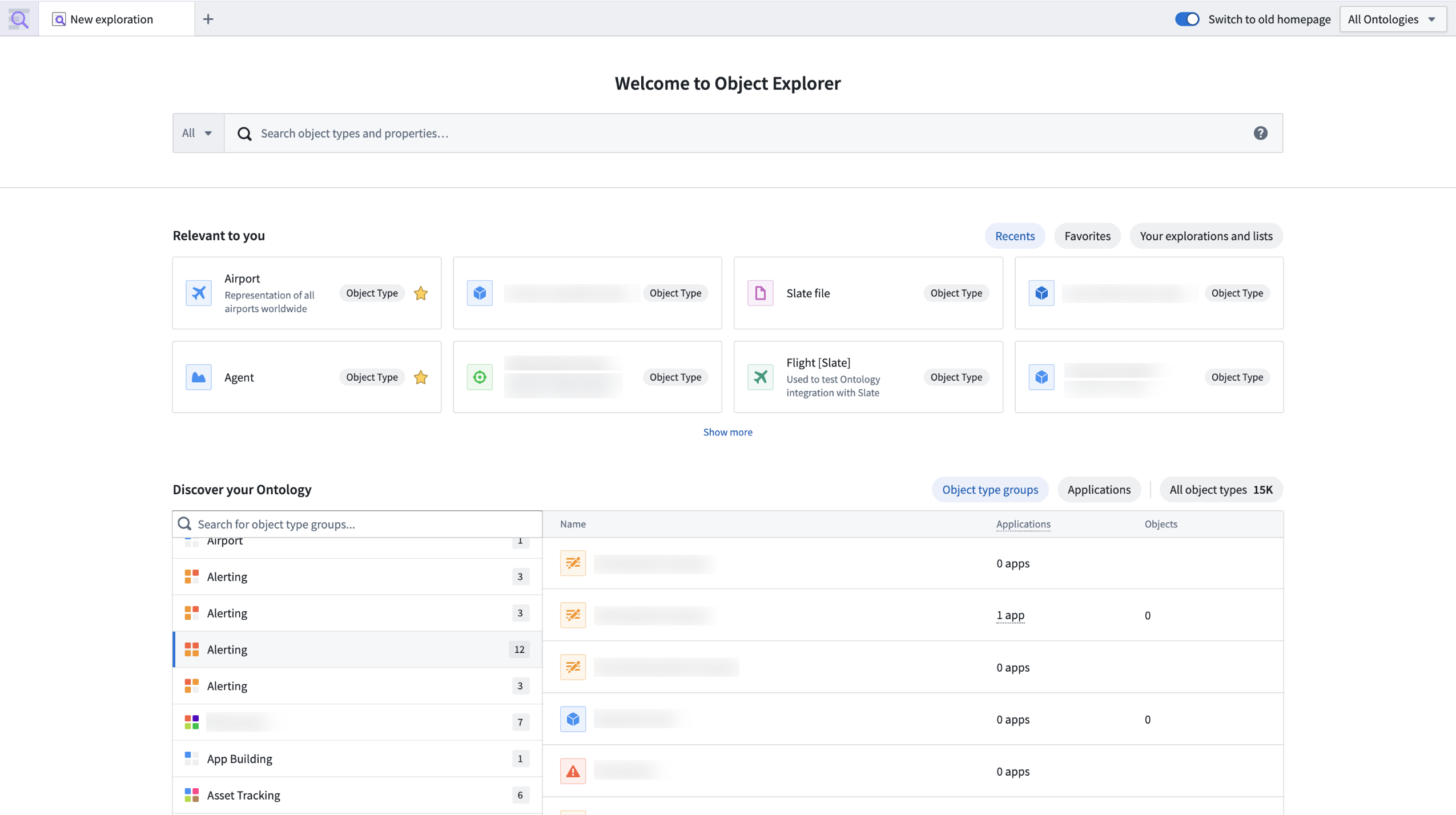 The new Object Explorer home page featuring "Relevant to you" and "Discover your Ontology" sections.