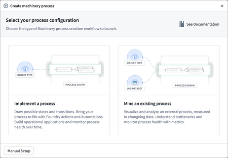 Whether you want to draw a process from scratch or mine an ongoing process Machinery provides step-by-step guidance during the setup process.