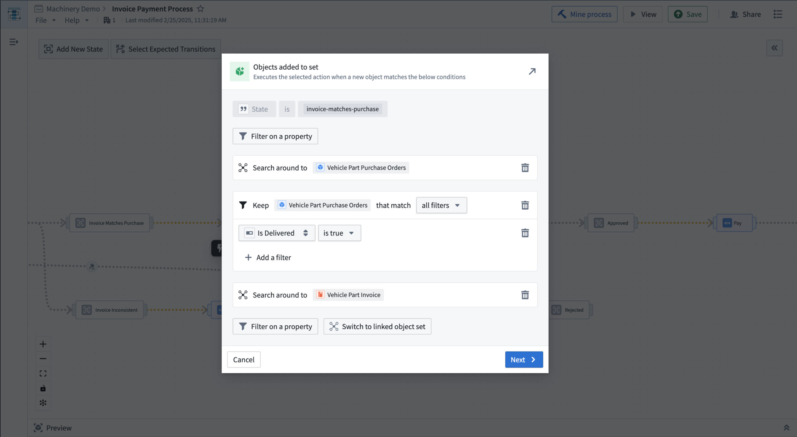 Configure state transitions by setting up filters to adhere to your personalized conditions for the process.