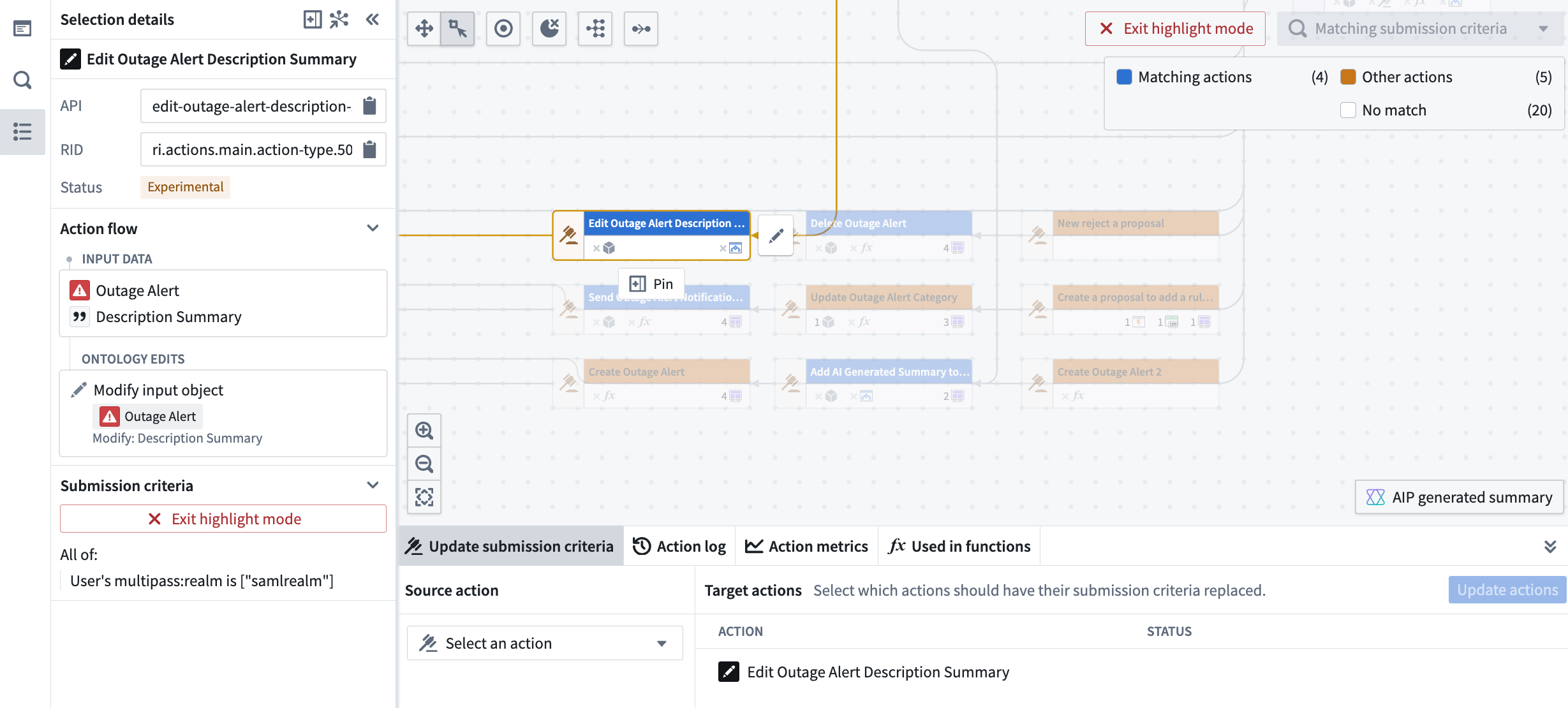 The Update submission criteria pane located at the bottom of Workflow Lineage allows you to update submission criteria for multiple Actions at once.