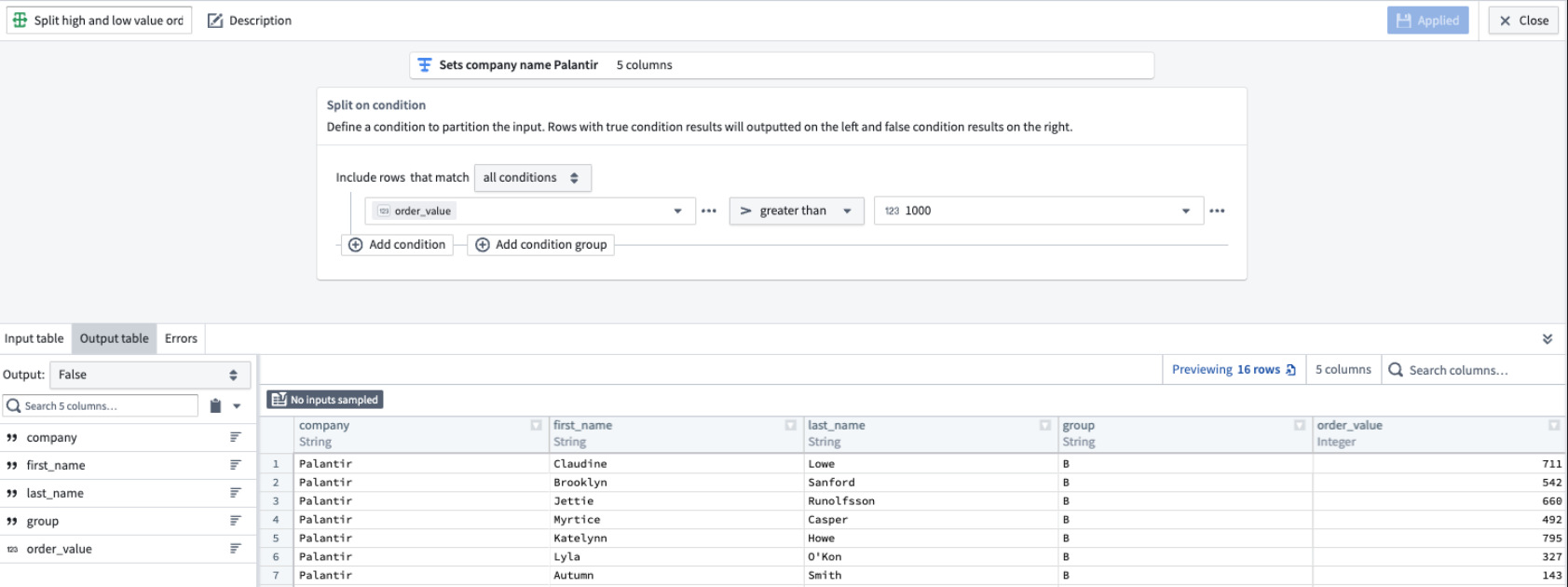 This notional example splits orders between the true and false output channels depending on whether the order value is over 1000.
