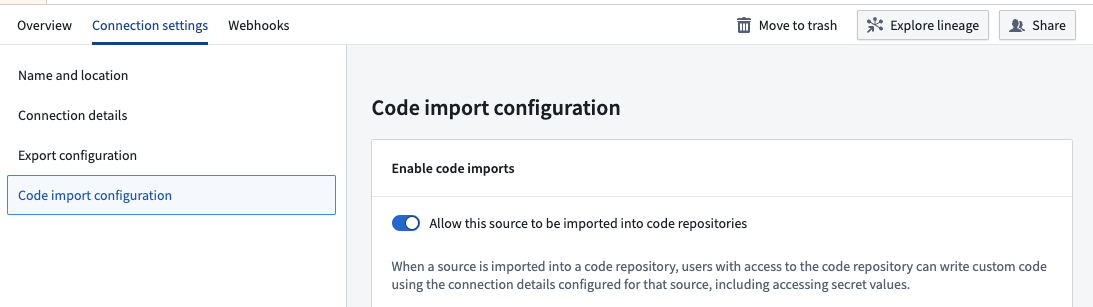 Toggle Allow this source to be imported into code repositories within the source connection settings.