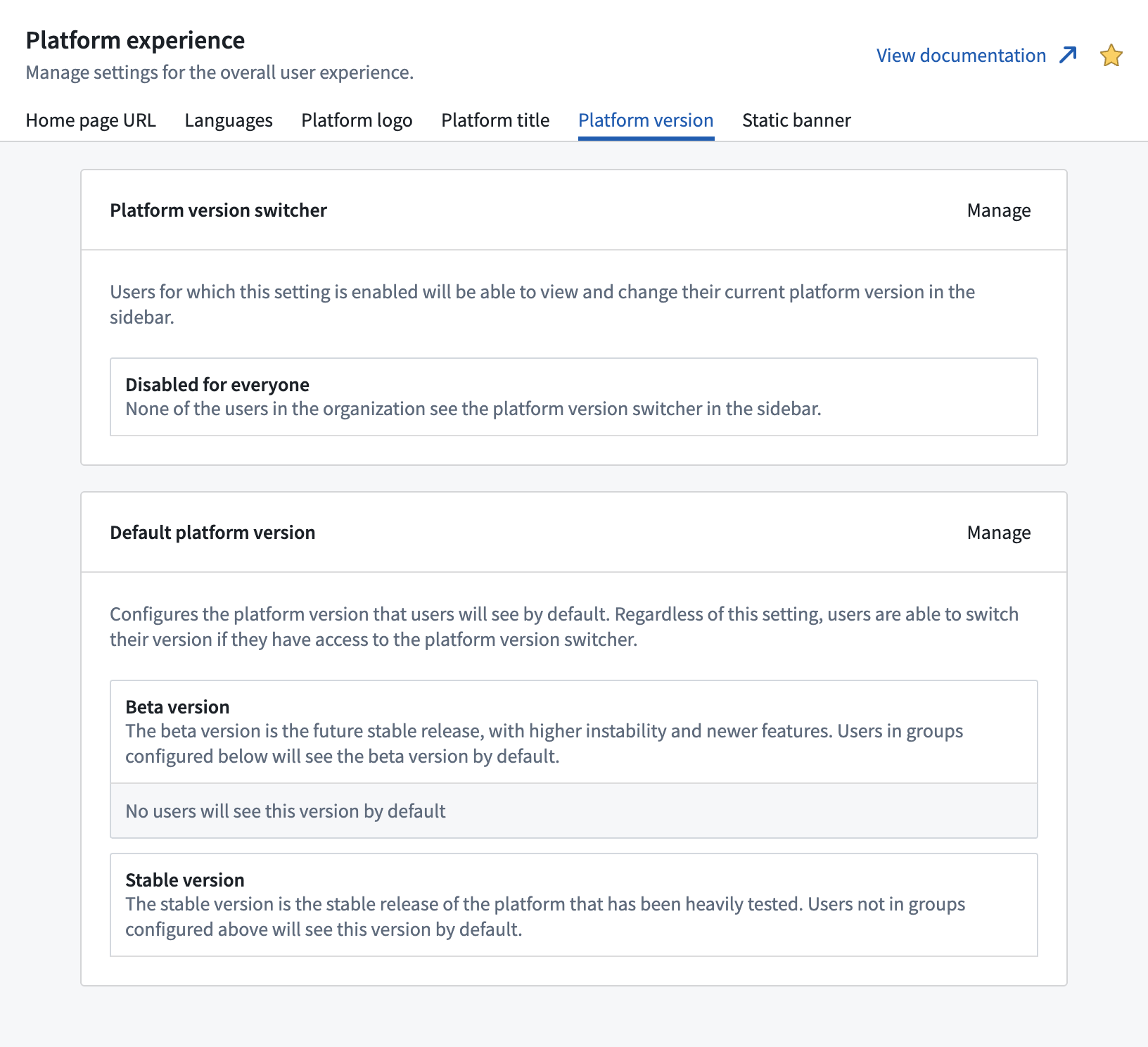 The Platform version configuration tab in Control Panel, located on the Platform experience page.