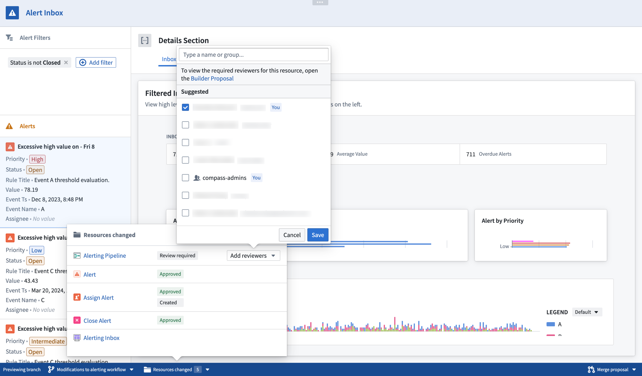 Assign reviewers to review change proposals by using the Add reviewers popover selector.