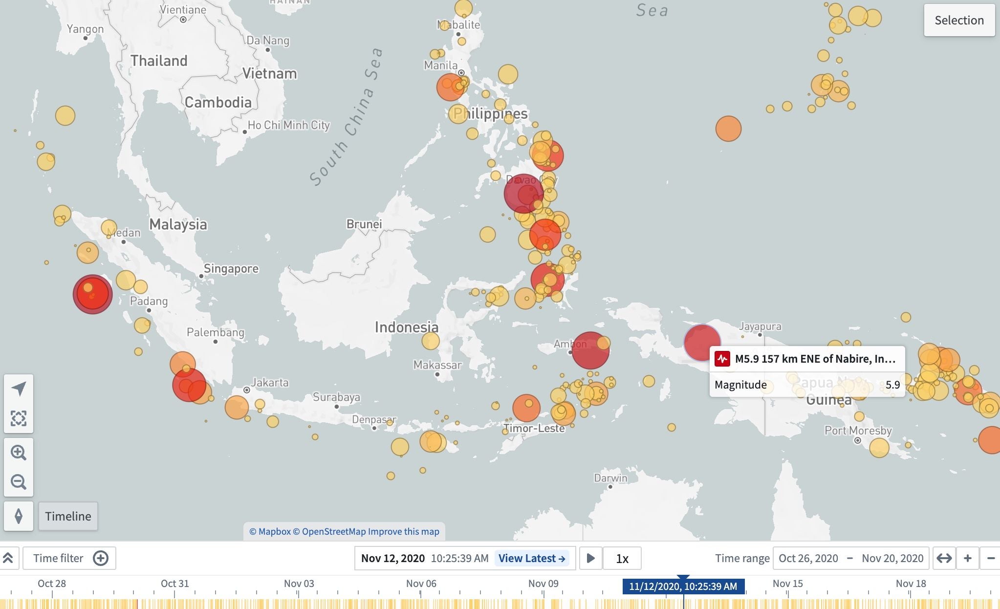 A sample map that explores the prevalence and magnitude of earthquakes using timeline and time-based layer styles.