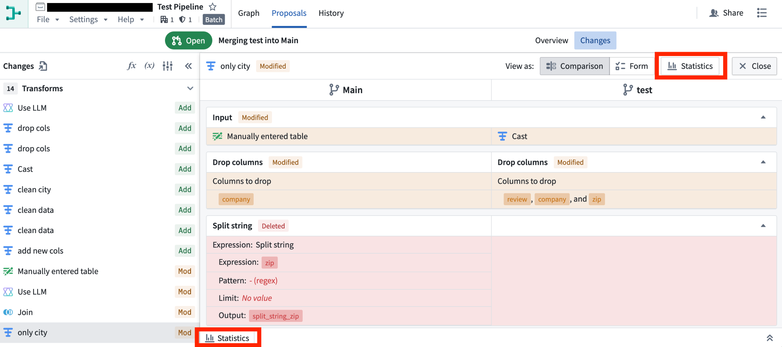 Use the Statistics view to explore and compare statistics for selected columns.