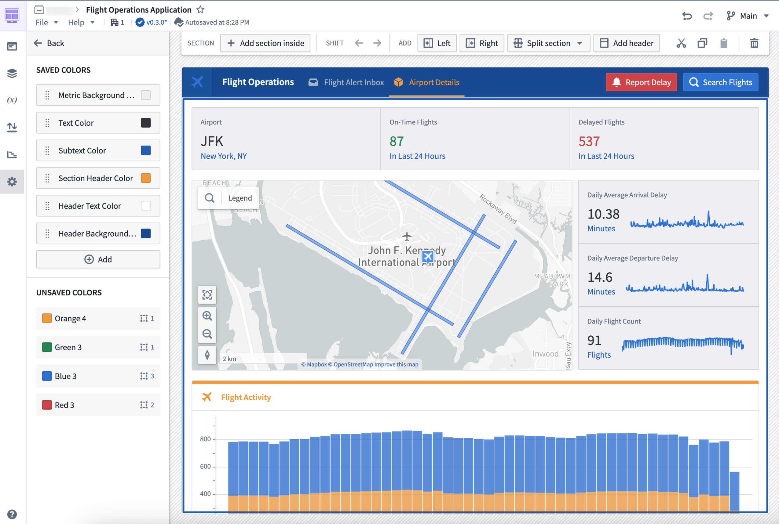 An example Workshop application, displaying saved and unsaved colors in the Settings panel.