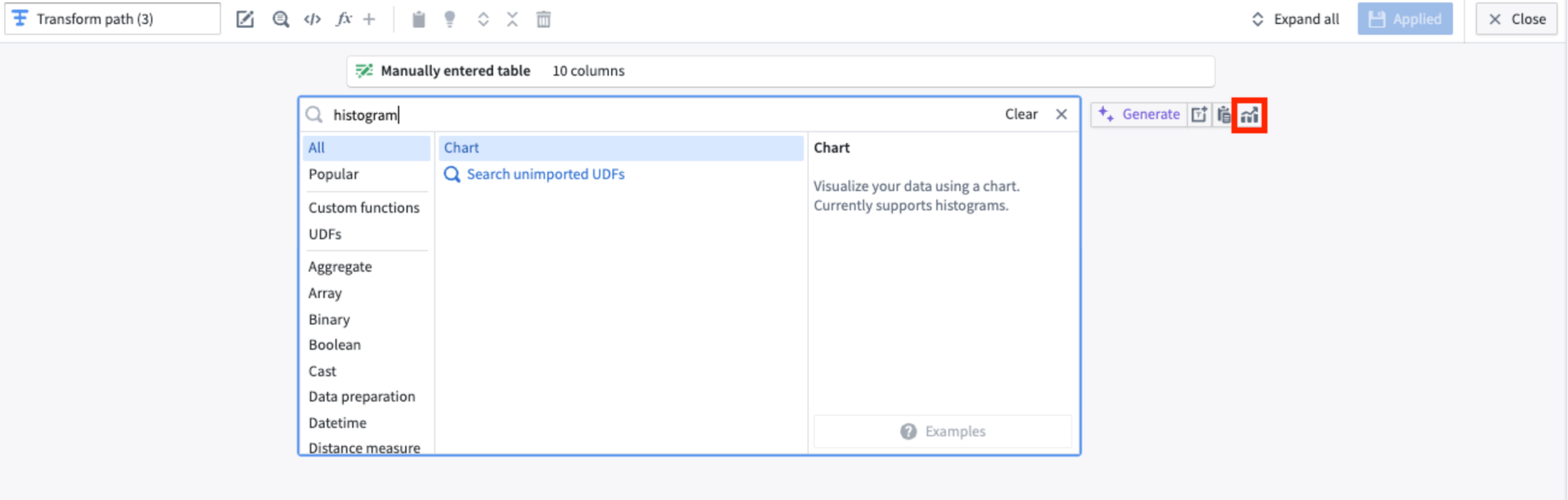 A transform path view, where you can generate a transform graph through search or by selecting Visualize outlined in red.