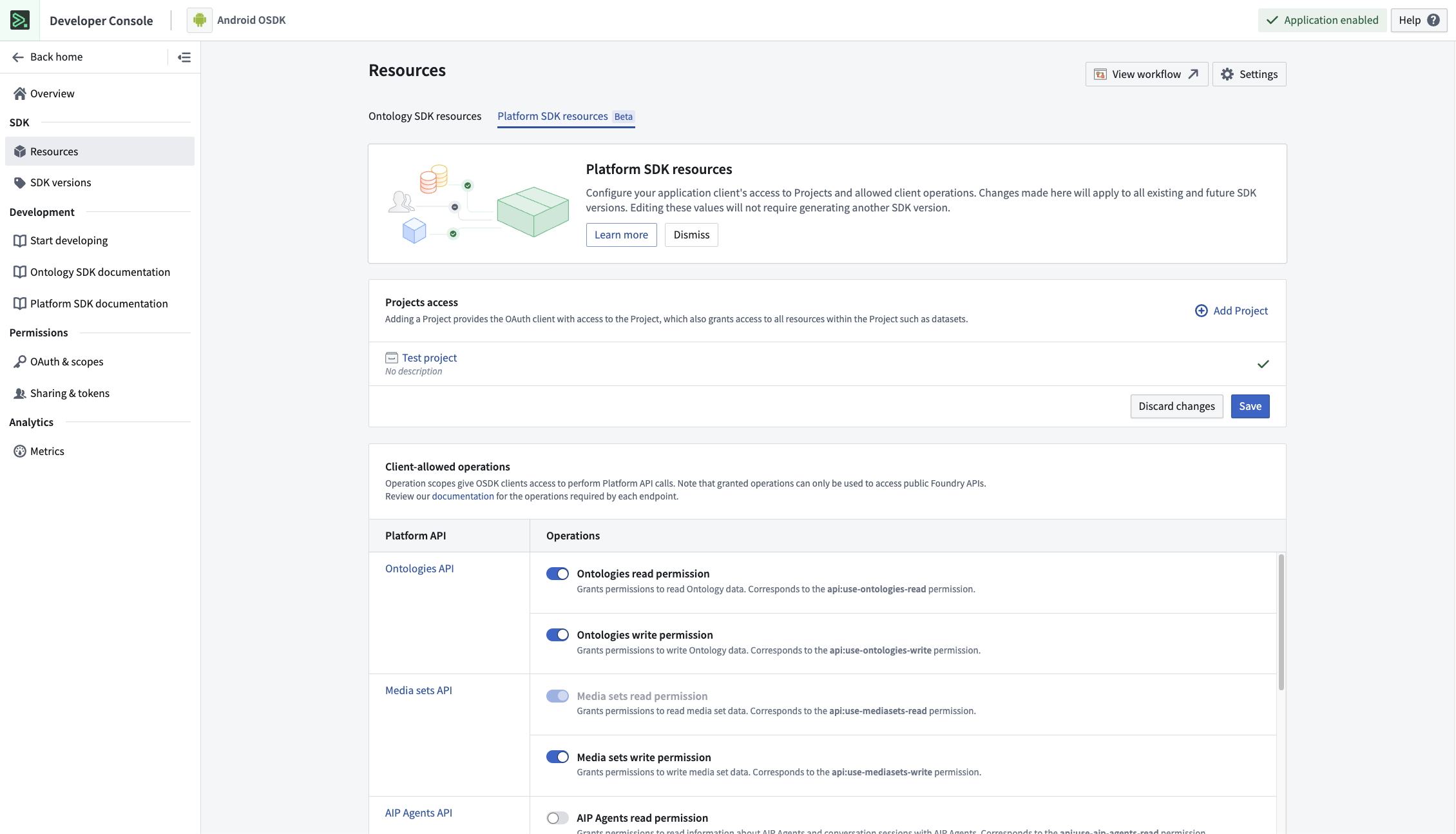 The new Platform SDK Resources page displaying the Project access and Client-allowed operations sections.
