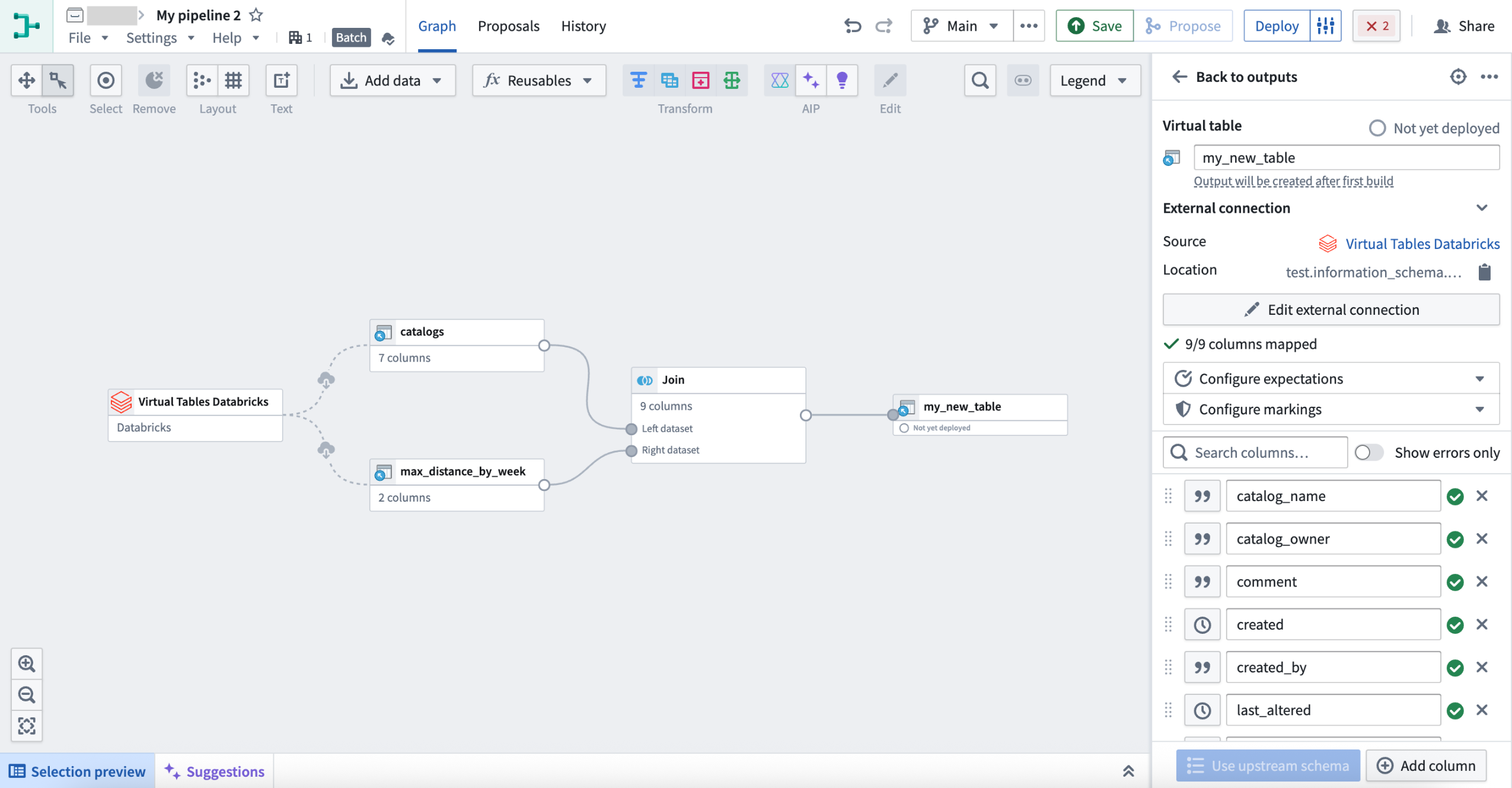 A virtual table output in Pipeline Builder.