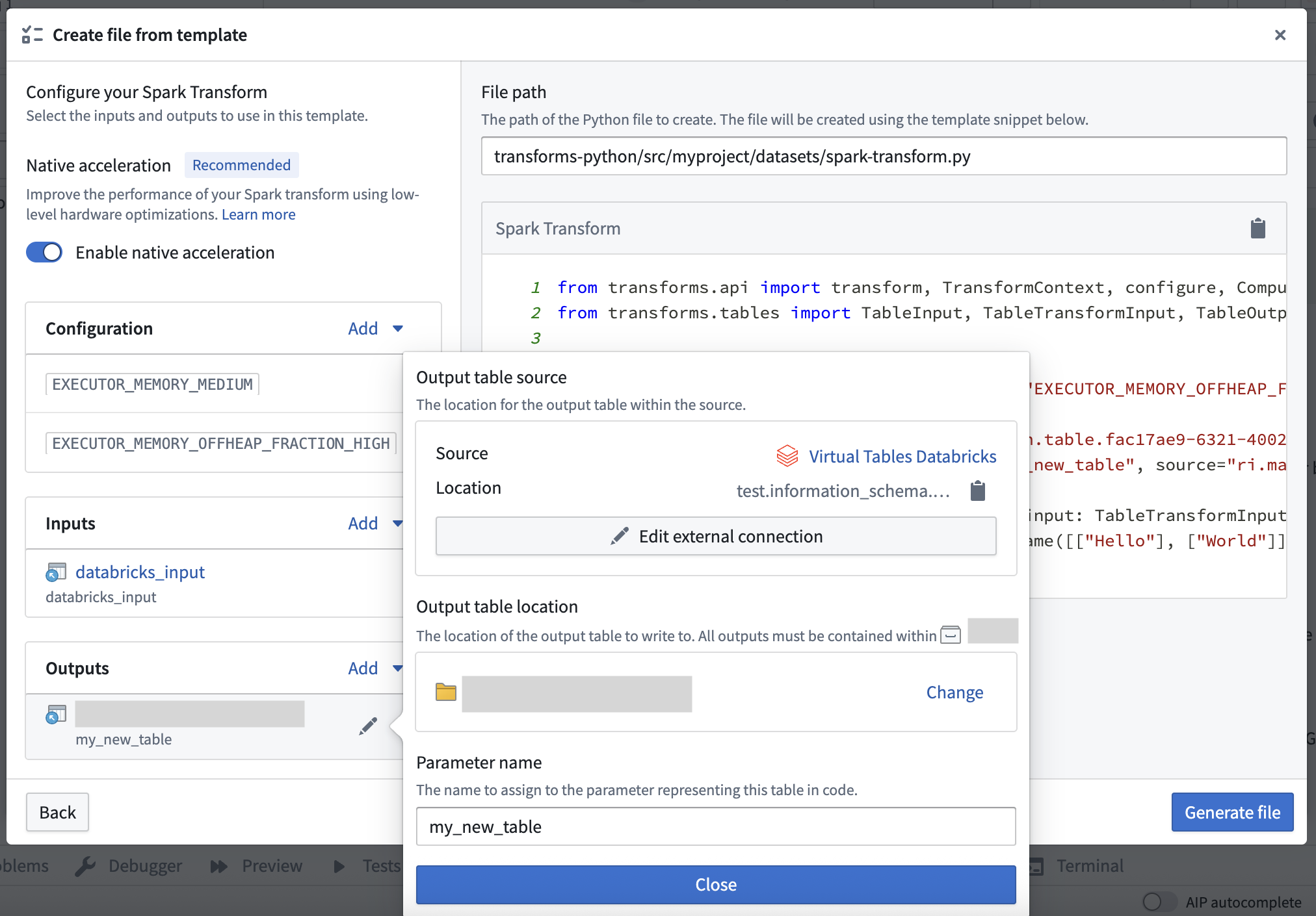 Configuring a virtual table output in Code Repositories file templates.