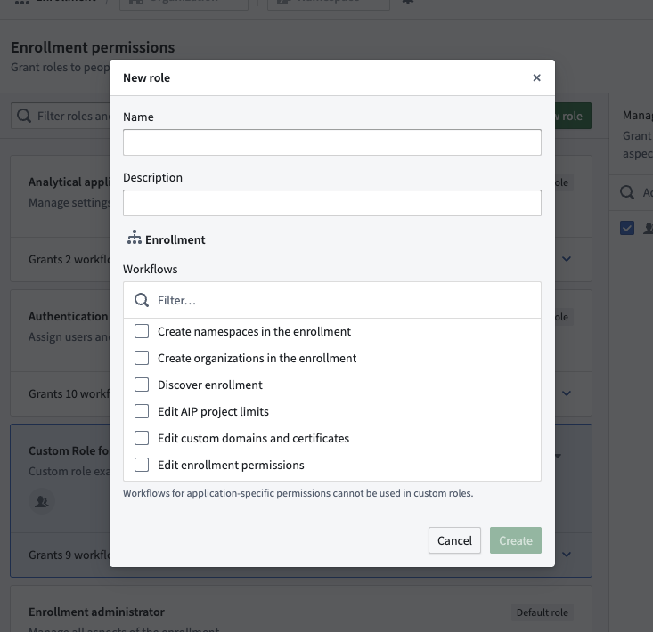 Select the individual workflows to grant to members of a new custom role.